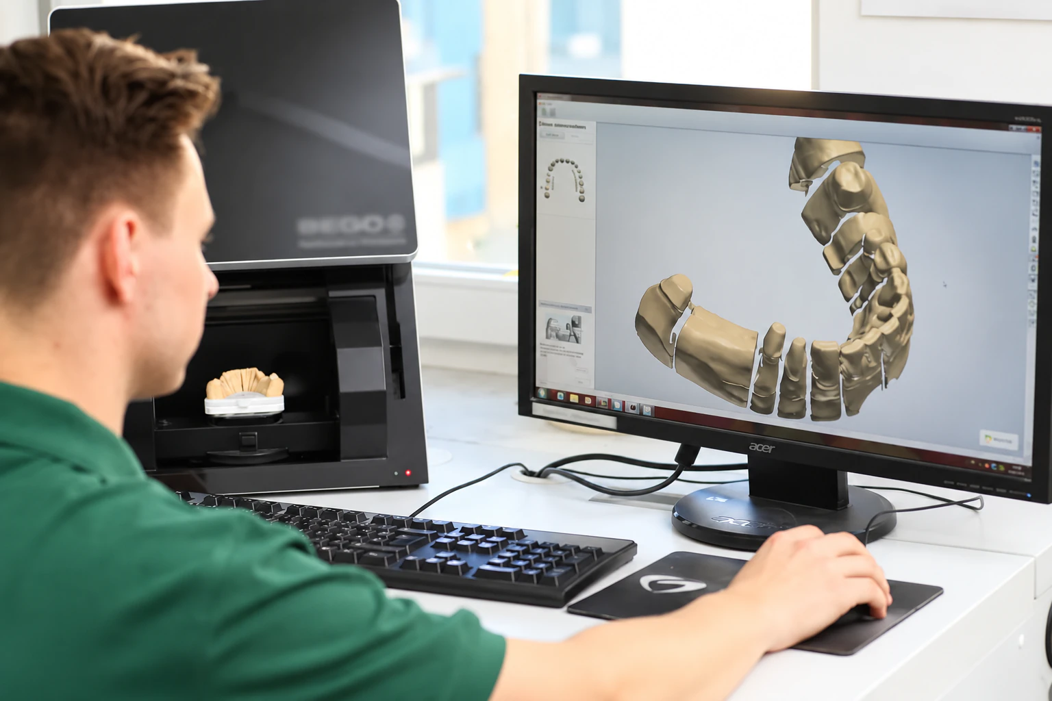 Bild eines Zahntechnikers, der bei DEIN DENTAL Neu-Ulm an einem Zahnmodell am Computer arbeitet