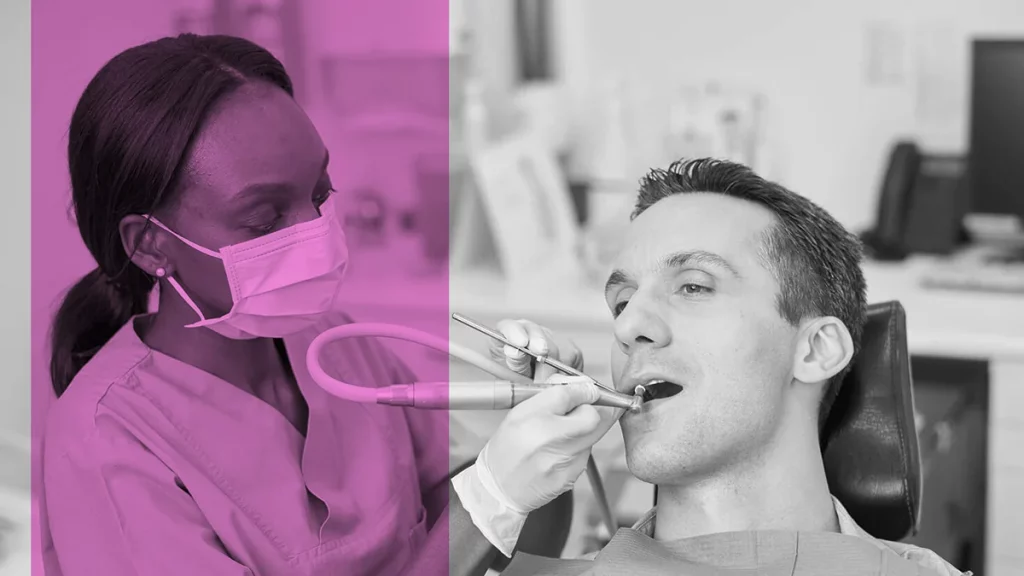 Dentalhygienikerin während der Professionellen Zahnreinigung in Zahnarztpraxis Neu-Ulm für Stellenangebote
